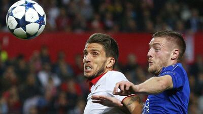 Leicester City's Jamie Vardy in action with Sevilla's Daniel Carrico. Paul Hanna / Reuters