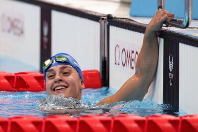 Monica Boggioni of Team Italy reacts after racing in her Women's 100m Freestyle - S5 heat at the Tokyo Aquatics Centre on day 1 of the Paralympic Games. Getty