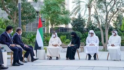 Sheikh Mohammed bin Rashid, Vice President and Ruler of Dubai, meets Pakistan’s Minister of Foreign Affairs, Shah Mahmood Qureshi, on Thursday. Seen with Sheikh Maktoum bin Mohammed, Deputy Ruler of Dubai; Sheikh Ahmed bin Saeed, chairman of Dubai Civil Aviation Authority and chief executive of Emirates Airline and Group; Mohammad Al Gergawi, Minister of Cabinet Affairs; and Reem Al Hashemy, Minister of State for International Co-operation. Courtesy: Dubai Media Office