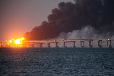 The Kerch bridge connecting Crimea to Russia’s mainland following a previous attack by Ukraine in July. AP