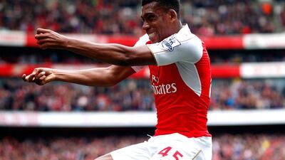 LONDON, ENGLAND - APRIL 02: Alex Iwobi of Arsenal celebrates scoring his team's second goal during the Barclays Premier League match between Arsenal and Watford at Emirates Stadium on April 2, 2016 in London, England. (Photo by Julian Finney/Getty Images)