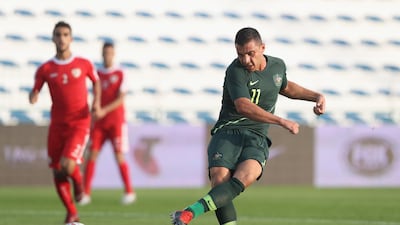 Andrew Noubbout of Australia scores his team's first goal during the international friendly match against Oman at Maktoum Bin Rashid Al Maktoum Stadium in Dubai on Sunday. Australia won the match 5-0 as part of their 2019 Asian Cup preparations. The tournament is being held in the UAE from January 5-February 1. Getty Images