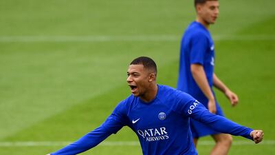 Paris Saint-Germain's Kylian Mbappe takes part in a training session on the eve of their Champions League match against Maccabi Haifa. AFP