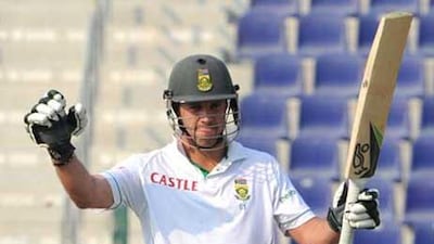 South African batsman AB de Villiers celebrates after reaching the 250-run mark against Pakistan.