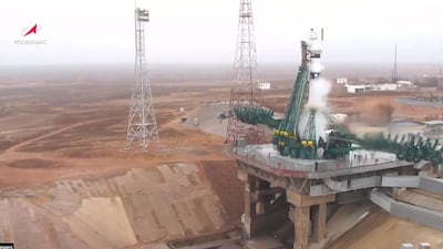 A Soyuz 2.1a rocket launches from the Baikonur Cosmodrome in Kazakhstan. Roscomos