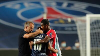 Bayern coach Hansi Flick, left, and David Alaba, right, comfort PSG's Neymar. AP