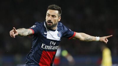 Paris Saint Germain player Ezequiel Lavezzi celebrates scoring a goal during the UEFA Champions League quarter final first leg soccer match between Paris Saint Germain and Chelsea FC at the Parc des Princes stadium, in Paris, France, 02 April 2014. EPA/IAN LANGSDON