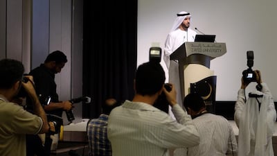 Dr Saeed Al Ghafli, Assistant Undersecretary for Federal National Council Affairs, at Zayed University on Sunday. Delores Johnson / The National