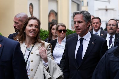 Secretary of State Antony Blinken and his wife Evan Ryan walk on the third day of the G7 foreign ministers meeting on Capri island, Italy, April 19, 2024. REUTERS / Claudia Greco