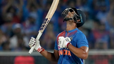 India's Shivam Dube celebrates scoring his half-century against the West Indies. AP