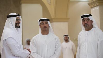 (From left) Sheikh Khaled bin Mohammed bin Zayed, Sheikh Hazza bin Zayed, National Security Advisor and Vice Chairman of the Abu Dhabi Executive Council, and Dr Sheikh Sultan bin Khalifa Al Nahyan, Advisor to the President, at the reception. Donald Weber / Crown Prince Court - Abu Dhabi