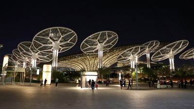 An evening view of the sustainability pavilion at the Expo 2020 site in Dubai.