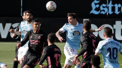 Celta Vigo's Santi Mina heads home for Celta Vigo. AP