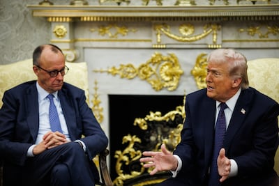 US President Donald Trump and German Chancellor Friedrich Merz hold a meeting in the Oval Office. EPA