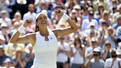 Garbine Muguruza of Spain celebrates winning against Agnieszka Radwanska of Poland during their semi-final match for the Wimbledon Championships at the All England Club, in London, Britain, 09 July 2015. EPA/FACUNDO ARRIZABALAGA