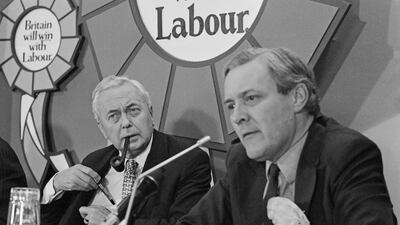 Mr Wilson, left, and Labour politician Tony Benn speaking at a press conference during the 1974 general election campaign