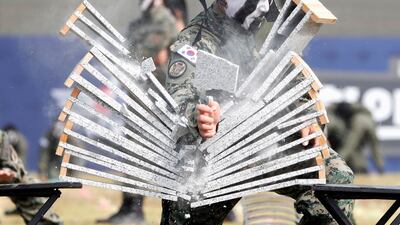 Members of the Special Warfare Command give a demonstration of their skills in the traditional Korean martial art of taekwondo during a photo opportunity ahead of a celebration to mark the 69th anniversary of Korea Armed Forces Day, in Pyeongtaek, South Korea. Kim Hong-Ji / Reuters