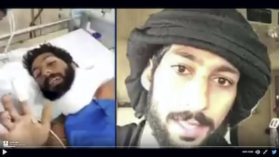 A screen grab from a video posted to Twitter shows Rashid Al Balushi thanking Emiratis for their support after he was injured in a helicopter crash in Yemen.