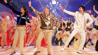 From left, Neetu Singh, Rishi Kapoor and Ranbir Kapoor in the closing dance number from Besharam. Courtesy Movie Temple Productions