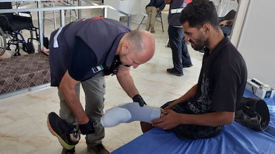 An injured Gazan receives a prosthetic leg at a hospital set up by the UAE. Photo: Mohammed Abu Amra