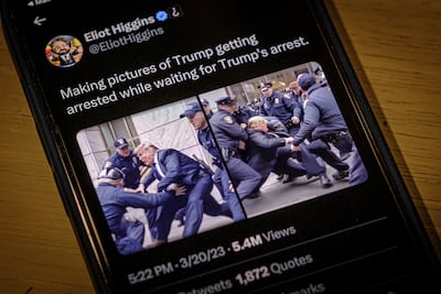 Images created by Eliot Higgins with the use of artificial intelligence show a fictitious skirmish with Donald Trump and New York City police officers. AP Photo