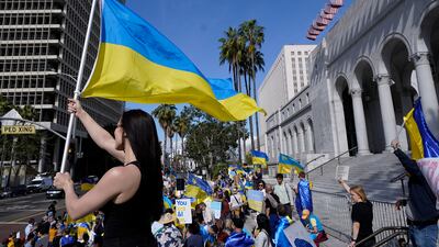 People rally in Los Angeles in support of Ukraine and calling for Russia’s invasion of its neighbour to end. Reuters
