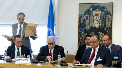 The UN-Arab League envoy to Syria, Lakhdar Brahimi, (centre left) met a range of senior diplomats in Geneva in a fresh push for an international conference aimed at ending the Syrian conflict. UN via AFP