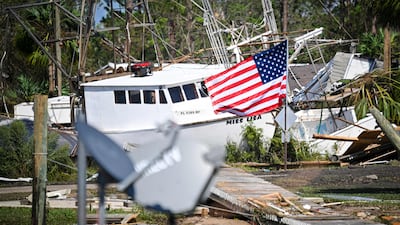 A boat driven ashore by Hurricane Helene on Keaton Beach, Florida, on Friday September 27. More than 30 people were killed in Florida and other south-eastern US states when Helene struck. AFP