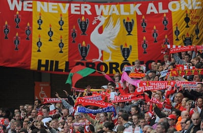 Liverpool marks the 20th anniversary of the Hillsborough disaster at Anfield in 2009. AFP