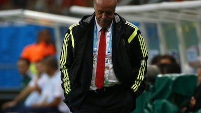 Spain coach Vicente del Bosque reacts during his team's 5-1 loss to Netherlands at the 2014 World Cup on Friday night in Salvador, Brazil. Michael Dalder / Reuters