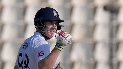 England's Harry Brook celebrates after scoring a century during the third day of the second Test. AP