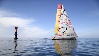 Abu Dhabi Ocean Racing sail across the finish line on Monday in Gothenburg, Sweden to conclude the ninth and final leg of the 2014/15 Volvo Ocean Race. Bjorn Larsson Rosvall / TT / AP