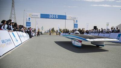 The Abu Dhabi Solar Challenge finishes as The Petrolium Institute car crosses the line to take second place. Courtesy Abu Dhabi Solar Challenge