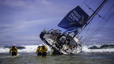A view of Team Vestas Wind's crashed boat ashore a reef in the Indian Ocean in November. Brian Carlin / Team Vestas Wind / Volvo Ocean Race / November 30, 2014