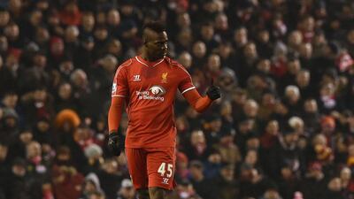 Liverpool's Mario Balotelli reacts after scoring the winner against Tottenham Hotspur in a 3-2 Premier League victory at Anfield on Tuesday. Paul Ellis / AFP / February 10, 2015