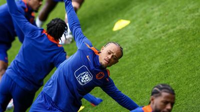 Dutch national team player Xavi Simons in action during a training session at the KNVB Campus in Zeist ahead of Euro 2024. EPA