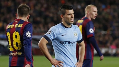 Sergio Aguero of Manchester City reacts after missing his penalty against Barcelona in the Champions League on Wednesday. Carl Recine / Reuters