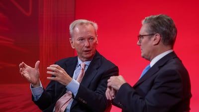 Eric Schmidt, left, former head of Google, talks to UK Prime Minister Keir Starmer at the International Investment Summit at the Guildhall in London. EPA
