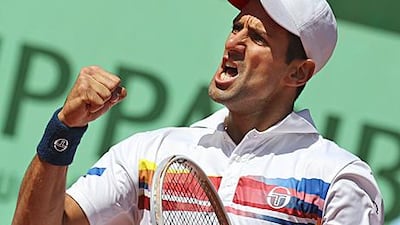 Novak Djokovic clenches his fist in celebration after beating Juan Martin del Potro at Roland Garros.