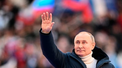 Russian President Vladimir Putin at a rally in Moscow to celebrate the eighth anniversary of the annexation of Crimea from Ukraine. AP