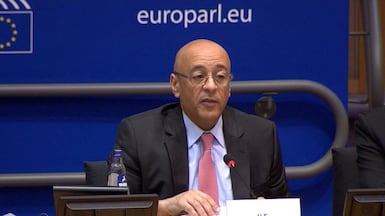 Jasem Al Budaiwi speaks at the European Parliament in Brussels. Photo: screengrab