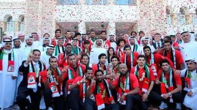 The UAE Vice President and Prime Minister and Ruler of Dubai, Sheikh Mohammed bin Rashid Al Maktoum, and Sheikh Hamdan bin Mohammed, Crown Prince of Dubai,met the UAE National Football Team after they won the Gulf Cup in Bahrain. Wam