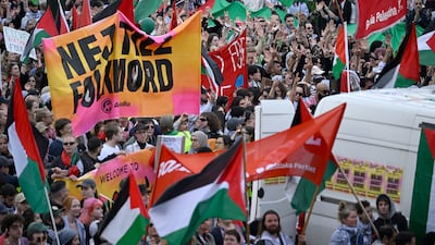 Protesters attend the rally against the participation of Israel in the Eurovision Song Contest. EPA