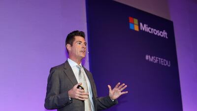 Anthony Salcito, vice president of education for Microsoft Corporation's Worldwide Public Sector, speaks during the Microsoft in Education Global Forum in Dubai in 2015i. Sarah Dea / The National