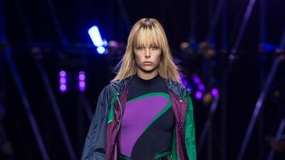 Form-fit body suits and oversize anoraks were part of the womenswear show at Versace. Courtesy Versace