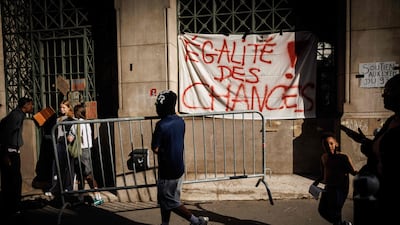 Preparations for a protest outside a high school in central Paris. AFP
