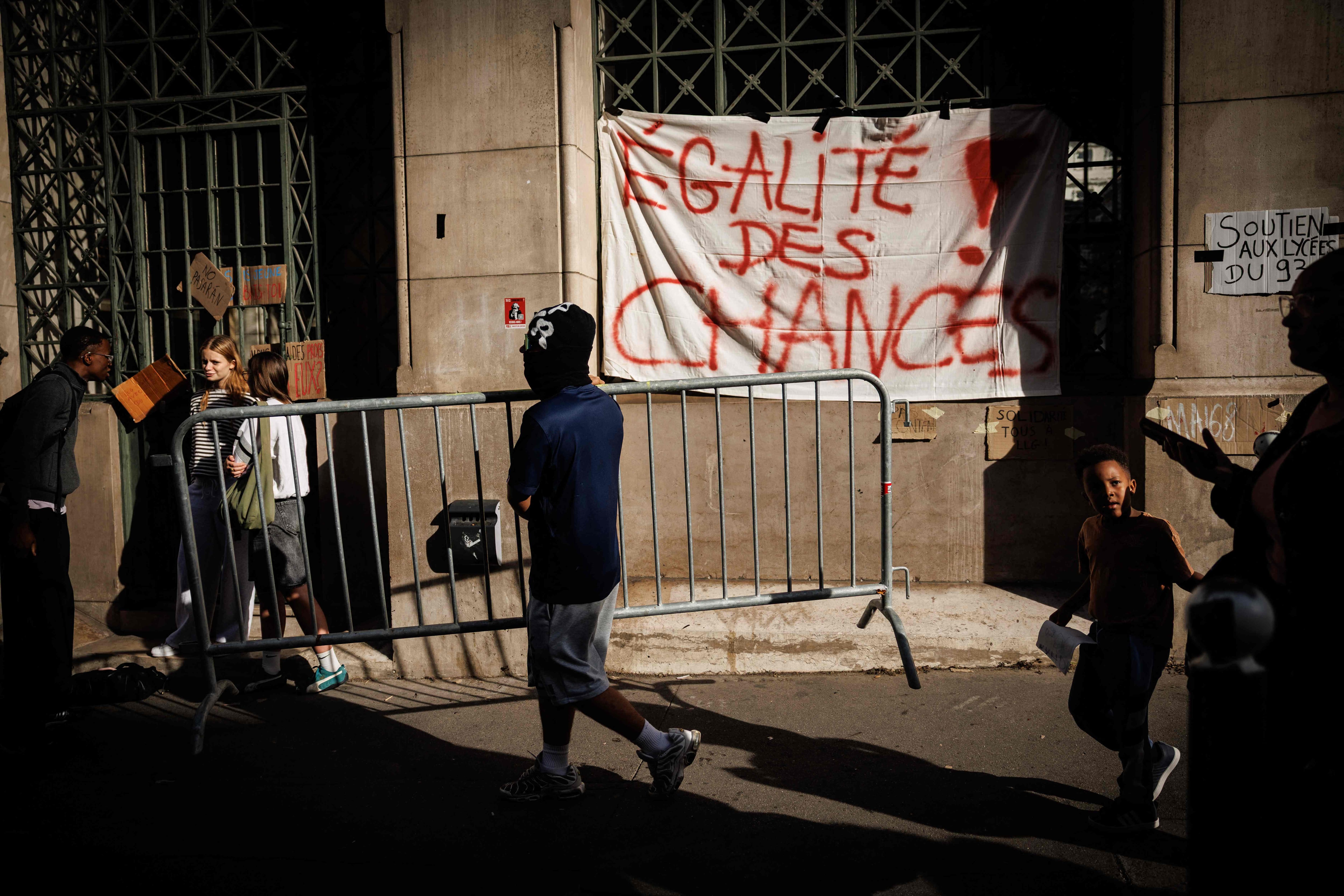Preparations for a protest outside a high school in central Paris. AFP