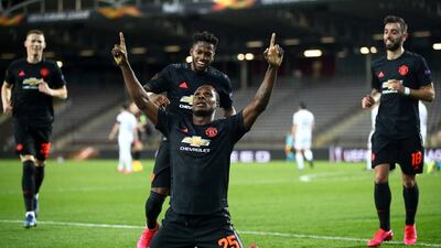 Manchester United's Odion Ighalo celebrates scoring the first goal in their victory against LASK in the Europa League last-16 tie in March. Reuters