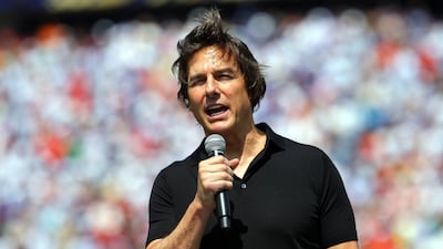 US actor Tom Cruise addresses the crowd ahead of the FIFA World Cup 2026 final match Spain against Argentina, in New Jersey. EPA