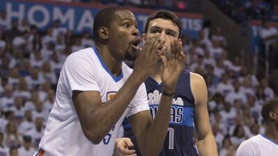Kevin Durant of the Oklahoma City Thunder shown during Game 1 against the Dallas Mavericks in their NBA play-offs series on Saturday night. Pat Carter / Getty Images / AFP / April 16, 2016